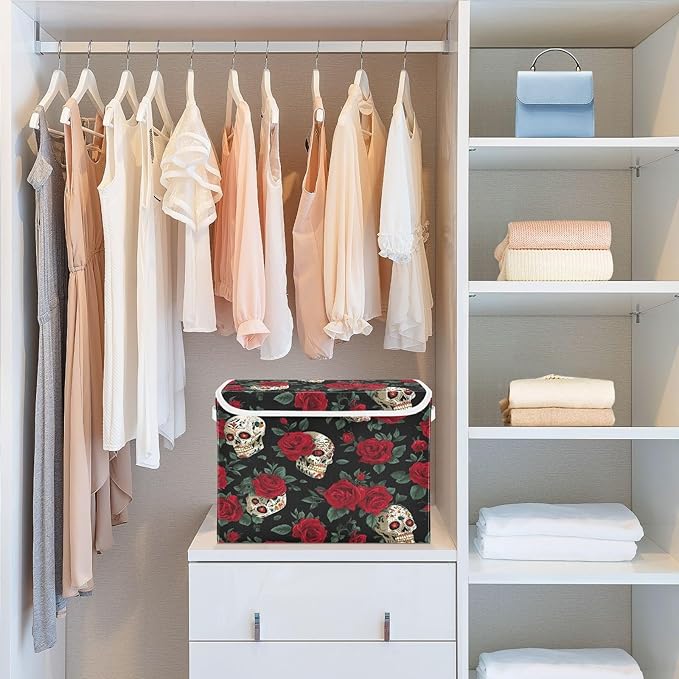 Storage Bins with Lids Storage Containers Box Organizer Bin Basket with Handles for Closet Shelves Clothes Stackable Foldable Decorative Mexico Skull Rose Flowers Red