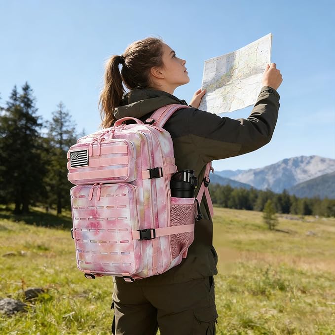 Military Tactical Backpack 45L/25L 3 Day Assault Pack Molle Daypack Hiking Backpack for Men and Women (Pink StarrySky 45L)