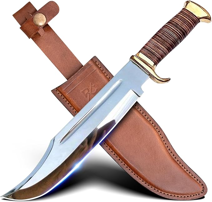14 Crocodile Dundee-Fixed Blade Bowie Knife With Sheath-Survival-Hunting Knife with Leather Handle-Tactical Knife for Camping Outdoor Bushcraft - Gift for Men
