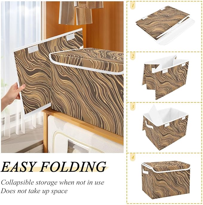 Dark Brown Stripe Lidded Storage Bins with Handles - 16.5x12.6x11.8 Foldable Organizing Box Oxford Fabric &amp Honeycomb Board Dust-Proof Flip Lid for Closet/Office