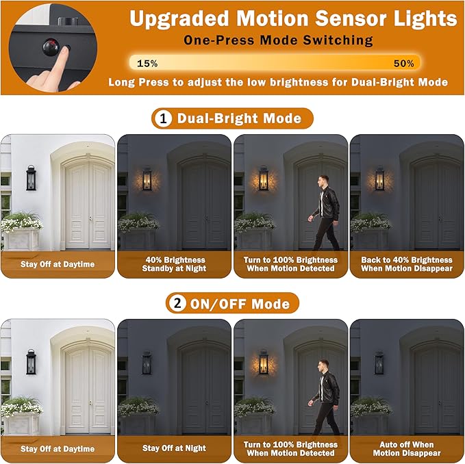 20 Inch Large Motion Sensor Outdoor Lights Matte Black Dusk to Dawn Outdoor Wall Lights with Water Glass 3 Lighting Modes Porch Lights Outdoor Light Fixture Waterproof Outdoor Lights for House