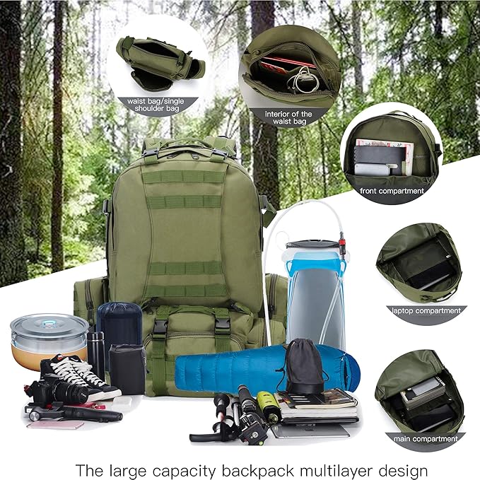 Military Tactical Backpack 45+10L Army 3 Day Assault Pack Molle Camping Hiking Rucksack Traveling Daypack