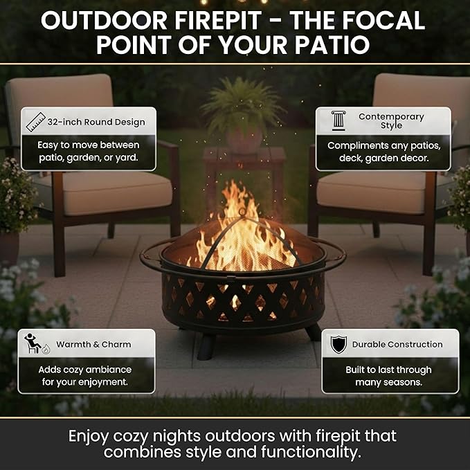 Fire Pit - 32-Inch Outdoor Wood Burning Firepit with Screen Poker and Cover - Outdoor Fire Pits for Backyard Deck or Patio by Pure Garden (Black)