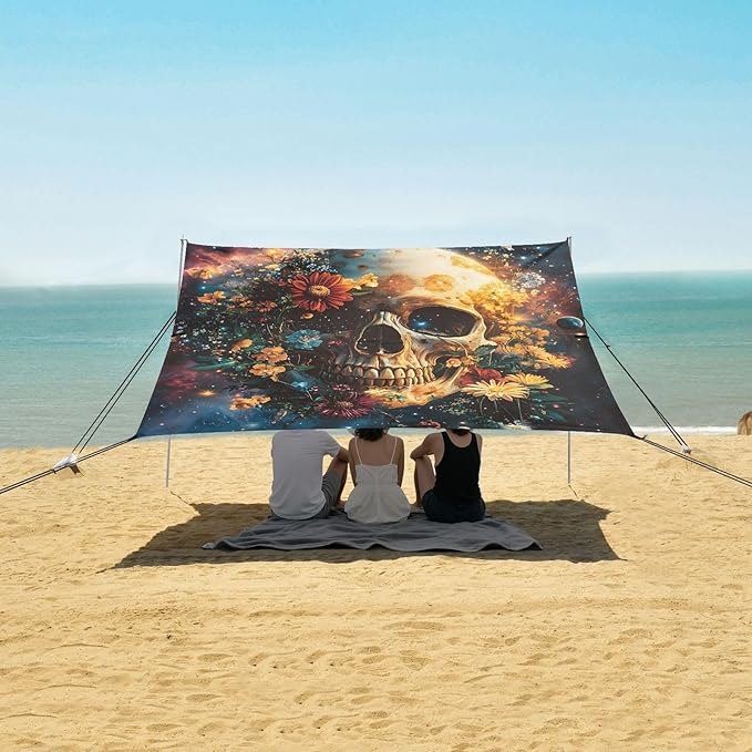 ALAZA Skull Starry Sky Beach Tent Sun Shelter Portable Canopy Sunshade for Outdoor Camping Picnics Backyard Fun 10x9 ft