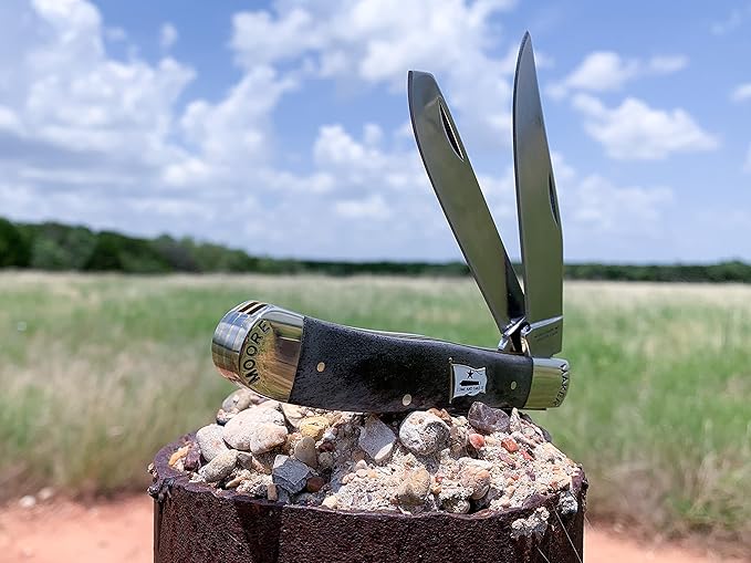 Moore Maker Inc 4-1/8 inch Folded Trapper Knife 5235CATI Folding Pocket Knife with Smooth Gray Cow Bone Handle and High Carbon Steel Blades Come and Take It Flag