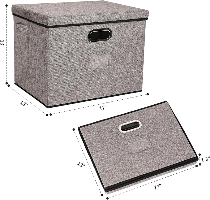 Lukeline Collapsible Storage Bins with Lids 2-Pack Foldable Fabric Linen Storage Boxes Cube Closet Organizer Storage Basket with Label for Home Bedroom Office(17 x 13 x 13 Gray)