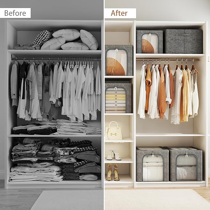 GoMaihe Clothes Storage Bin with Metal Frame: 6-Pack Stackable Closet Storage Bin with Lid &amp Clear Window Sweater Boxes Storage for Closet Bedding Clothing Storage Organizer 40L