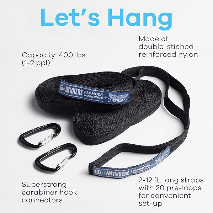 Go Anywhere Hammock Straps by Yellow Leaf Hammocks -Set of Two Nylon Straps Each 12 Feet Long 400lb Max - Easy to use Pre-Looped Tree Friendly Super Strong Color: Black