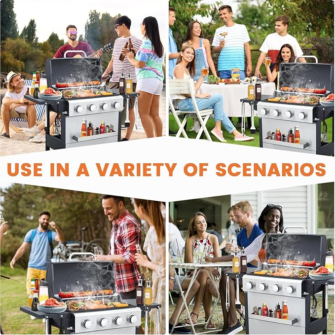 4-Burner Propane Gas BBQ Grill 34200BTU Stainless Steel Barbecue Grill With Wire Enamel Cooking Grids Foldable Side Table for Outdoor Camping (Style11: 4 Burner)