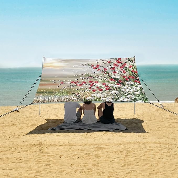 Elegant Wildflowers Beach Tent Sun Shelter Set UPF50+ UV Protection 10.5 x 9.19 FT Camping Shade Canopy with Sandbags Sand Anchors Carrying Bag and Others