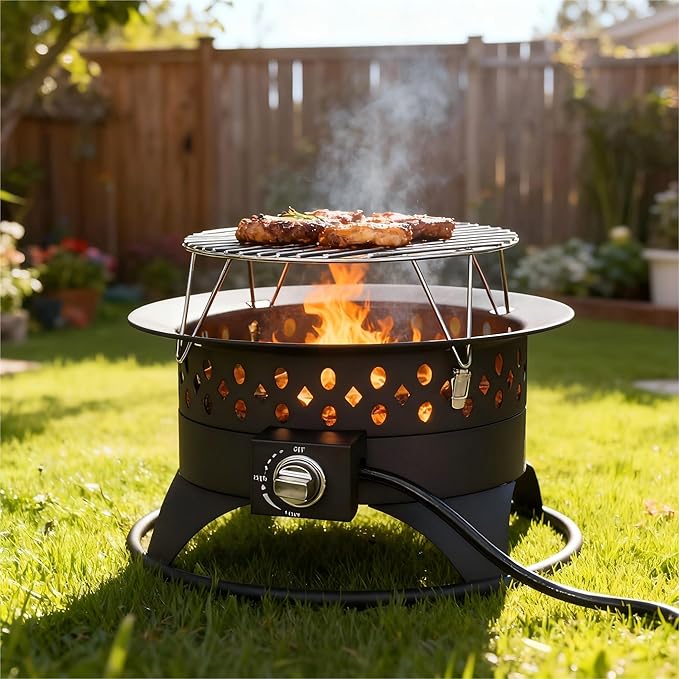 Breezz 20 Inch Propane Fire Pit with Grill 60000 BTU Smokeless Gas Firepit for Outside Patiowith Foldable Cooking Grate &amp 7 lbs Lava Rocks Adjustable Flame Outdoor Camping BBQ