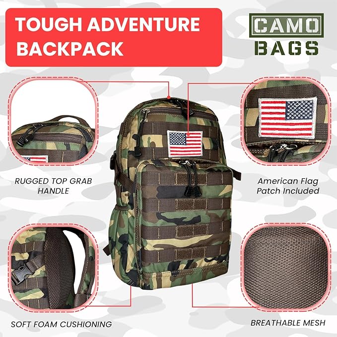 Camo Tactical Daypack Backpack - 1000D Polyester Tactical Backpack with Multi Compartments Air-Mesh Padded Back Side Compression &amp Adjustable Shoulder Straps - Travel Backpack Use for Outdoor &a