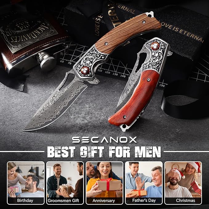 Damascus Pocket Knife with Wooden Handle Sharp 3.54 Damascus Steel Blade Folding Knives for EDC Camping Hiking Outdoor Collection