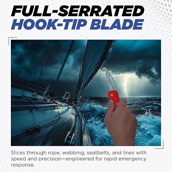 TEKNA Rescue Edge Knife – Serrated 420HC Stainless Steel Hook-Tip Folding Knife with Shackle Key &amp Oxygen Wrench | Bright Red Fiberglass Handle for Camping Boating Diving Climbing &amp Everyda