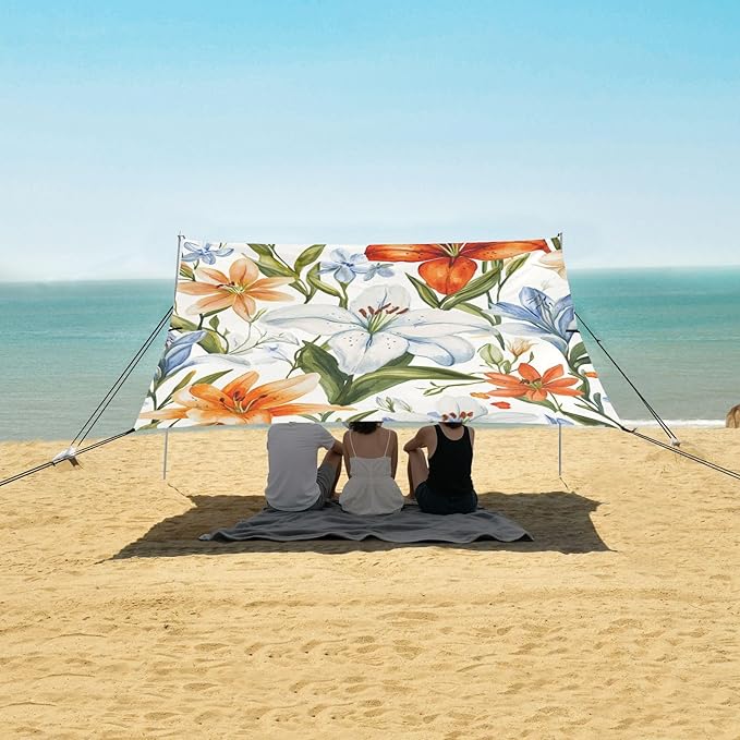 ALAZA Floral Lily Wildflowers Watercolor Beach Tent Sun Shelter Portable Canopy Sunshade for Outdoor Camping Picnics Backyard Fun 10x9 ft