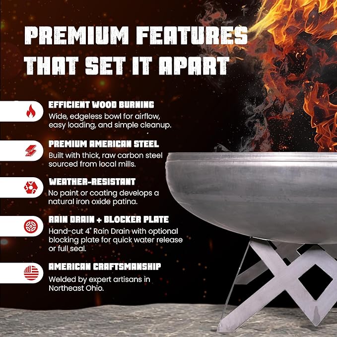 Ohio Flame - 30 Liberty Fire Pit with Angular Base (Made in USA) - Natural Steel Finish