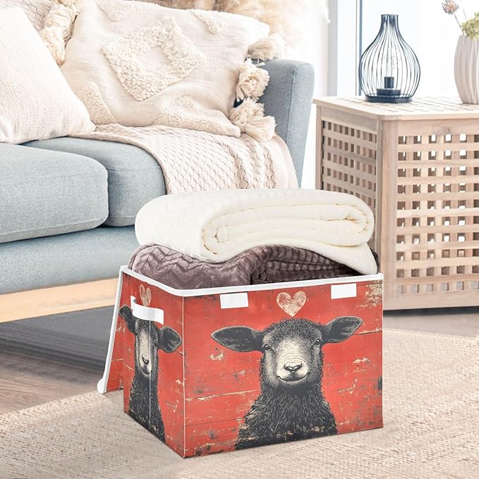 AIXIWAWA Lidded Storage Cube (Heart Sheep) Fabric Foldable Closet Bins with Flip Lid and Handles Organizer Basket Container 16.5 x 12.6 x 11.8 IN