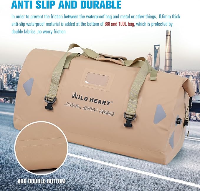 WILD HEART Waterproof Motorcycle Duffel Bag PVC500D Double-bottom With Rope Straps and Inner Pocket 40L 66L 100L for Kayaking Camping BoatingMotorcycle