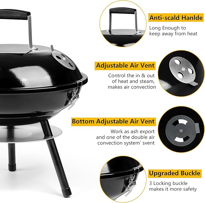 14Inch Portable Outdoor Charcoal Grill Leonyo Small Tabletop BBQ Charcoal Grill Enamel Coated for Backyard Cooking Camping Picnics Garden Beach Black