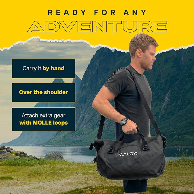 Malo’o Waterproof Dry Duffel Heavy-Duty Roll Top Waterproof Gear Bag with Shoulder Strap &amp Molle Loops Marine Duffel for Kayaking Boating Camping Beach &amp Travel Black 40L