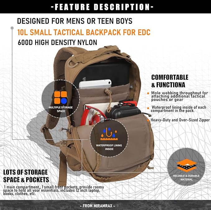 Miramrax 12L Small Backpack Day Pack - Mini Tactical Backpacks Military Daypack Molle Bag Rucksack Bug Out Bag for Hiking Camping Trekking (Tan)