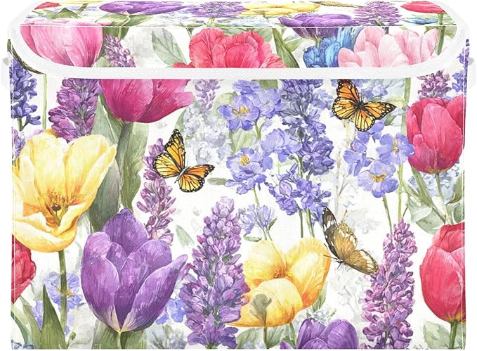 Storage Bins with Lids Storage Containers Box Organizer Bin Basket with Handles for Closet Shelves Clothes Stackable Foldable Decorative Tulips Lavenders Purple Butterfly