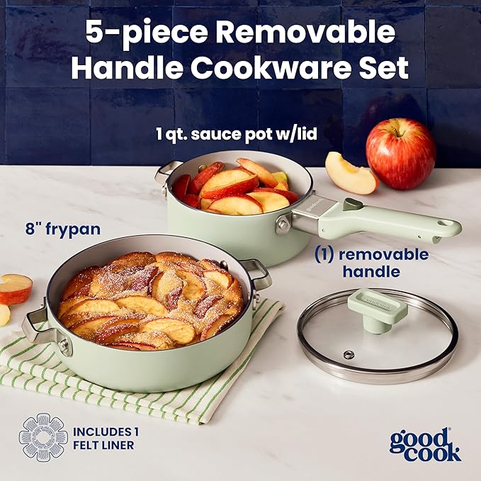 GoodCook Ceramic Cookware Set 5-Piece with Removable Handle Induction Compatible Nonstick and Oven Safe with 8-Inch Frypan Sage Green
