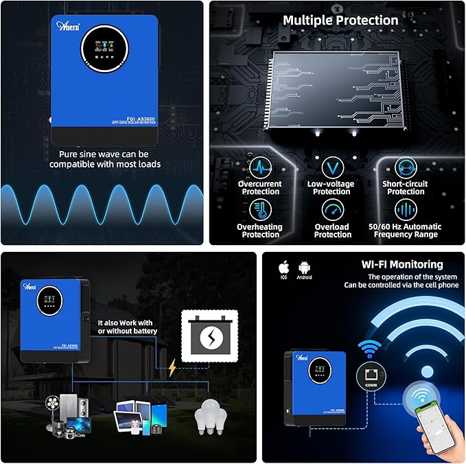 3600W Solar Inverter All in One 24VDC to 110VAC Pure Sine Wave PV Power Converter Built-in 120A MPPT Controller Dual AC Outputs 4200W Max PV Input Support Battery-Less