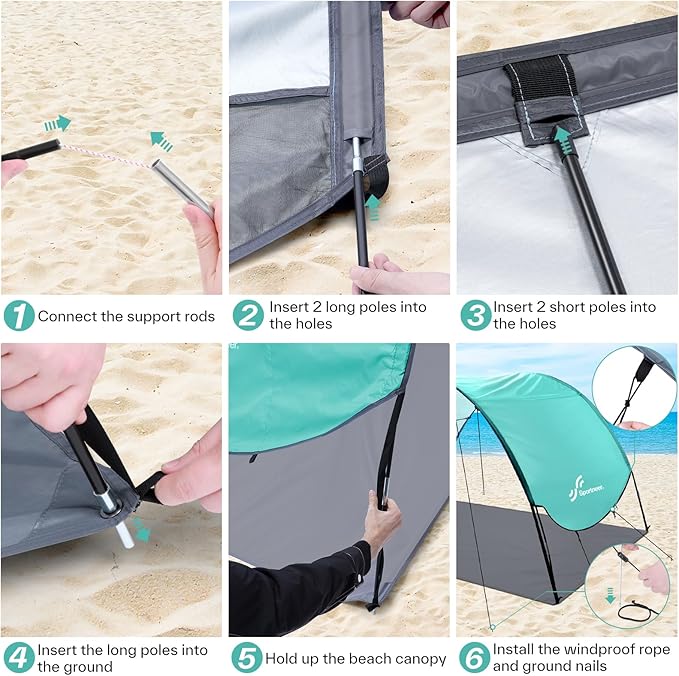 Sportneer Beach Tent Sun Shelter: UPF 50+ UV Protection Beach Canopy Tent Sun Shade for 2-3 Person Easy Set Up Canopy with 8 Wind Ropes and 12 Ground Stakes for Beach Size 96.5''x55.7''
