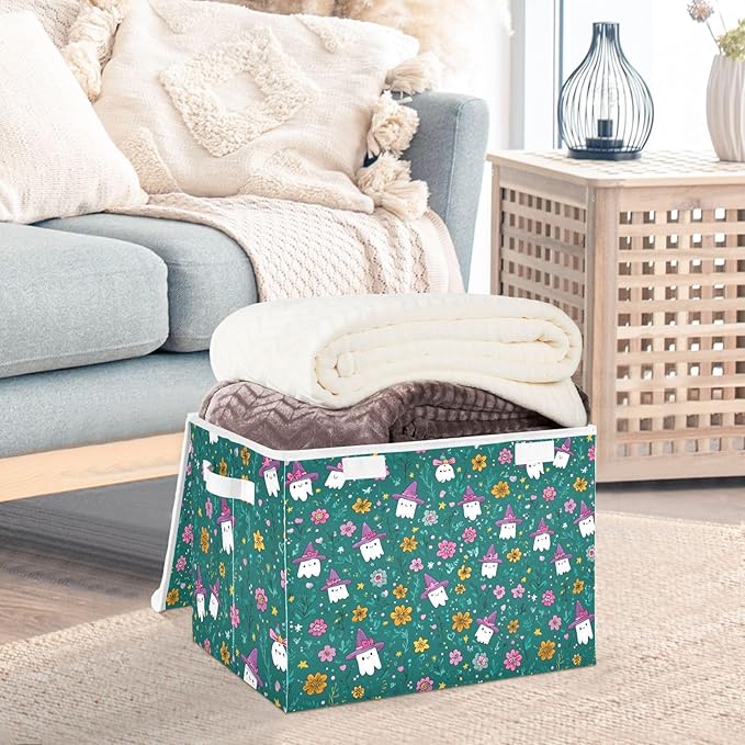 Halloween Teal Ghosties Stars Flowers Storage Box with Lid 1 PC Foldable Storage Bin with Lids Stackable Storage Bins Cube Closet Organizer Basket with Flip-Top Lid &amp Handles for Shoes Books Towel