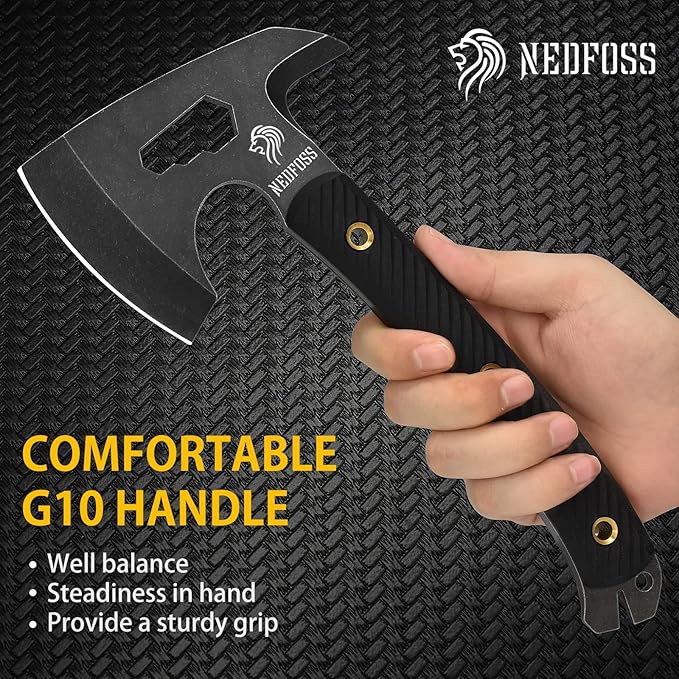 NedFoss Bison 9.8 Tactical Hatchet Axe Tomahawk Hatchet with Genuine Leather Sheath and G10 Handle Compact Camping Gear Bearded Axe Gifts for Men Multifunctional Survival Axe with Spike Tool