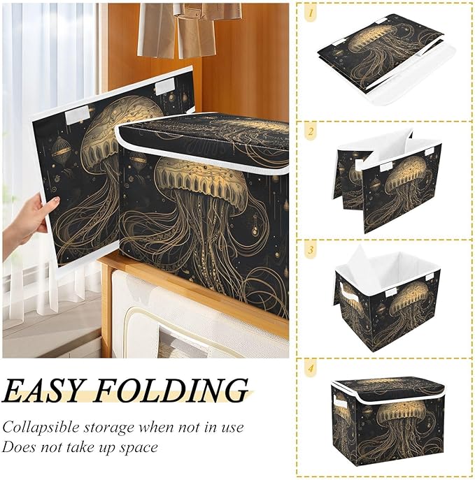 Golden Jellyfish Storage Cube with Lid Collapsible Flip-top locker Fabric Storage Bins Basket with Handle for Home Bedroom Closet Office 16.5×12.6×11.8 in