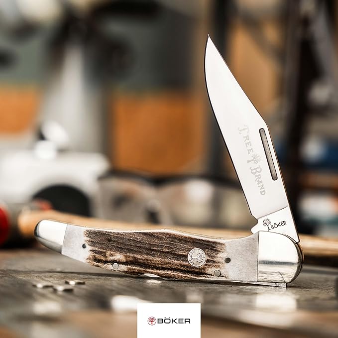 Boker Folding Hunter Single Blade 4.5 Inch Folding Pocket Knife Genuine Stag Handles Traditional Sereis 2.0 Made In Germany
