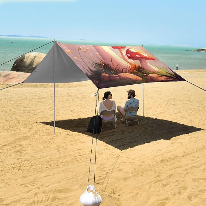 ALAZA Cartoon Red Mushrooms Beautiful Beach Tent Sun Shelter Portable Canopy Sunshade for Outdoor Camping Picnics Backyard Fun 10x9 ft