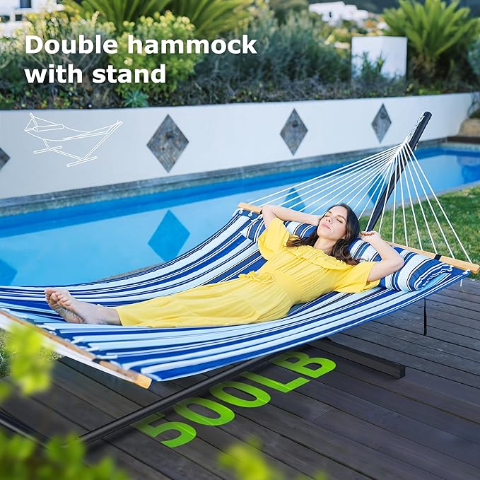 ANAGOO Double Hammock with Stand Heavy Duty Outdoor Hammock for Two 500 LBS Capacity Stable Steel Frame with Balance Strap Easy Tool-Free Assembly for Patio Garden Backyard &amp BeachBlue