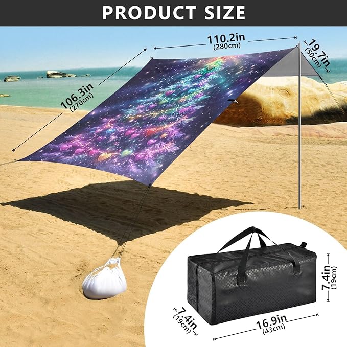 ALAZA Christmas Tree Colorful Lights Beach Tent Sun Shelter Portable Canopy Sunshade for Outdoor Camping Picnics Backyard Fun 10x9 ft