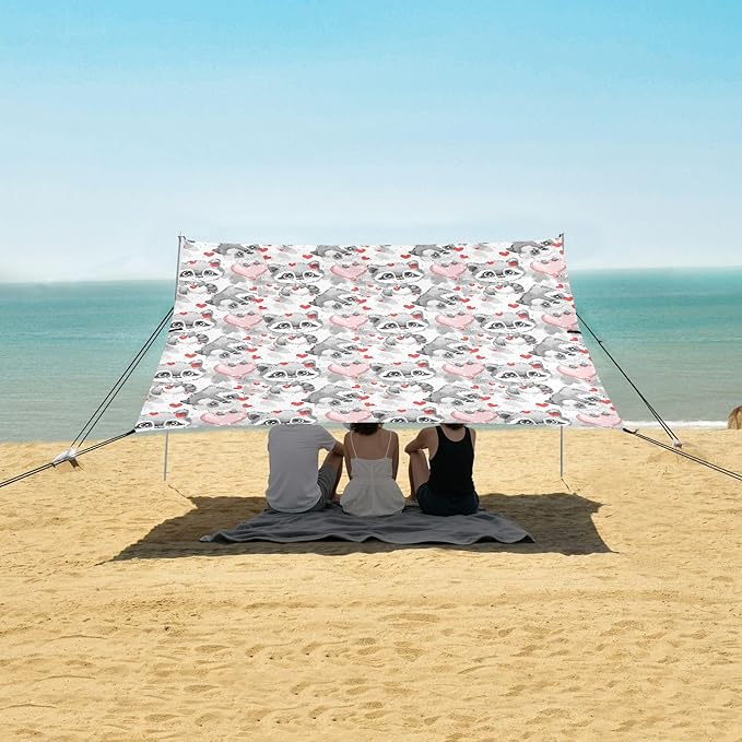 ALAZA Cute Raccoon Heart Cartoon Beach Tent Sun Shelter UPF50+ Protection Beach Shade Canopy w/ 4 Sandbags for Outdoor Camping Fishing Backyard Fun Picnic 10x9 ft
