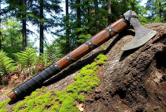 Poshland AX-7000 Custom Gift Forged Carbon Steel Viking Axe with Rose Wood Shaft Viking Bearded Camping Axe (AX-7000) (AX-5936)