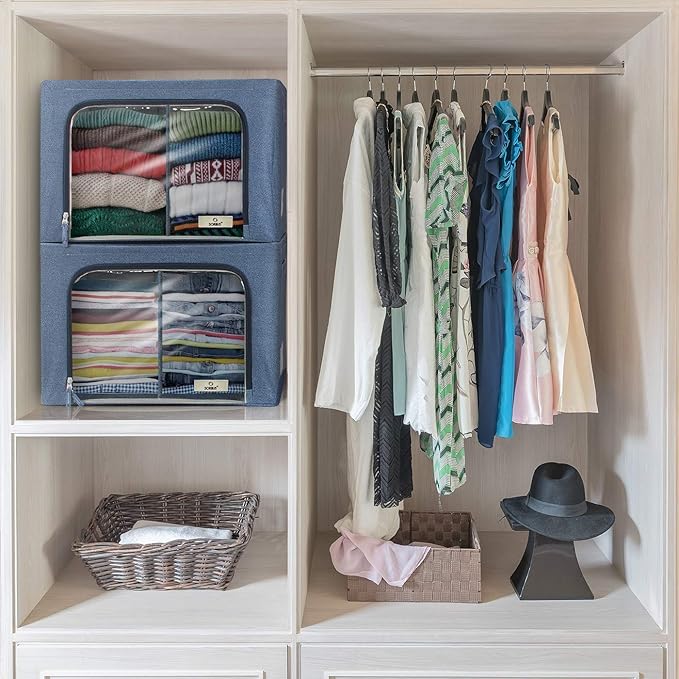 Sorbus Storage Bins with Divided Interior - Large Stackable &amp Foldable Organizer Containers with Metal Frame Oxford Fabric Large Window &amp Carry Handles - Organization for Bedroom Linens &am