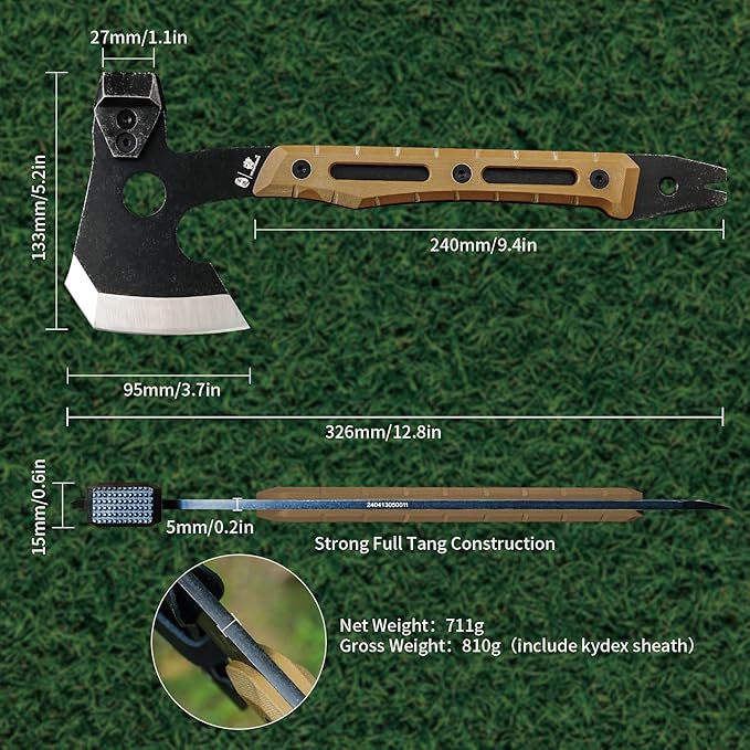 HX OUTDOORS Multifunctional Splitting Axe Full Tang Survival Camping Tactical Wood HatchetCamp Bushcraft Hand Axes with Hammer and Nail Puller (Brown)