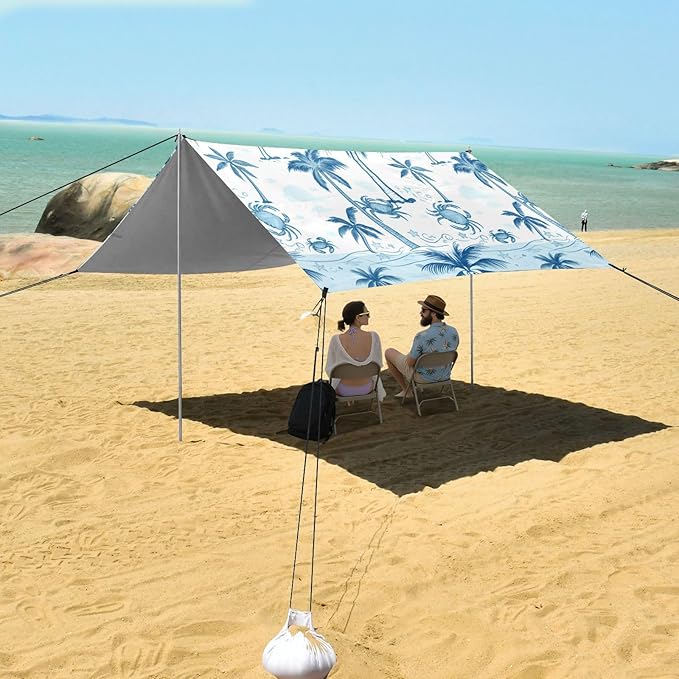 Beach Canopy with Windproof Ropes &amp Sandbags Beach Tent Sun Shade Sun Shelter for Camping Trips Fishing Backyard Fun or Picnics Palm Trees