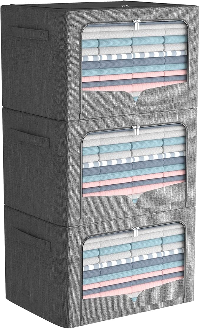 FHSQX 3 Pack Clothes Storage Bins - Foldable Metal Frame Storage Box - Stackable Linen Fabric Container Organizer Set with Carrying Handles and Clear Window (Dark Gray 19.7x15.7x13inch(66L))