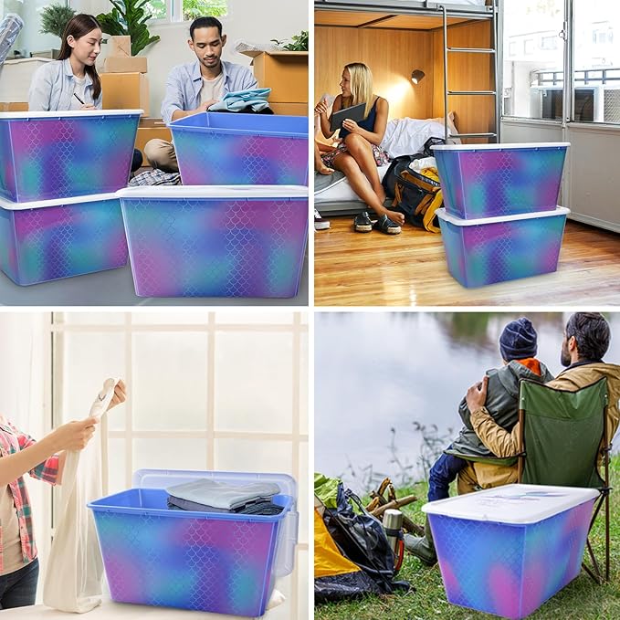 Storage Organizer Bins with Lids - 4PC 58QT Heavy-Duty Container Boxes Stackable and Nestable Storage Bins Plastic Large Storage Totes Rainbow Mermaid Bins for Home Office and Garage