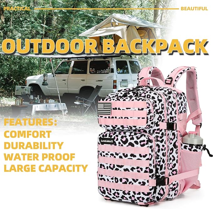 Lovelinks21 25L Tactical Backpack for Men and Women Military Backpack Small Assault Pack Molle Backpack Bug Out Bag Travel Rucksack Daypack (Pink Leopard)