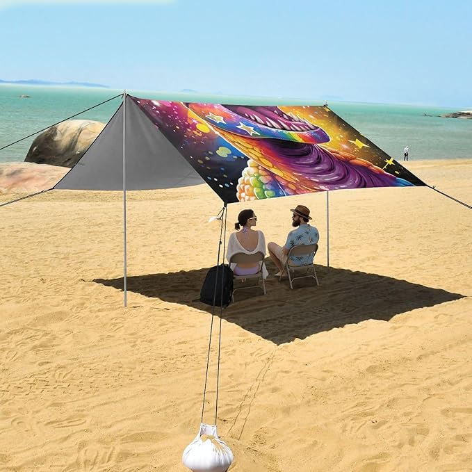 ALAZA Dinosaur with Rainbow Sparkles Star Beach Tent Sun Shelter Portable Canopy Sunshade for Outdoor Camping Picnics Backyard Fun 10x9 ft