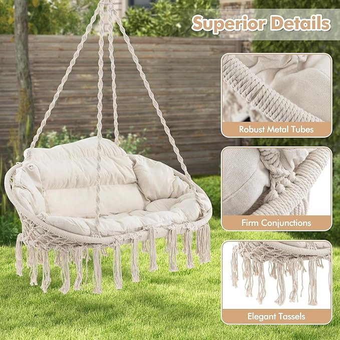 Tangkula 2-Person Hanging Hammock Chair Boho Style Macrame Hammock Swing with Soft Cushions Tassels Indoor Outdoor Cotton Rope Hanging Swing Chair for Bedroom Porch Balcony
