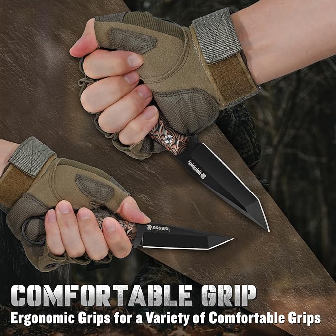 Tanto Fixed Blade Knife - Full Tang Survival Knife for Bushcraft - Camping Knives with Sheath - Black Knives Forged from a Single Piece of D2 Steel - Ideal Gift for Men - Brown
