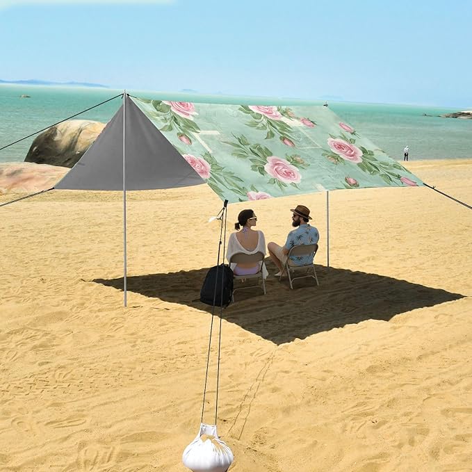 xigua Rose Beach Tent Sun Shelter with Carrying Bag - Silver Coated Oxford Fabric Beach Canopy for Beach Camping Fishing - Includes Windproof Ropes Sandbags &amp Stakes