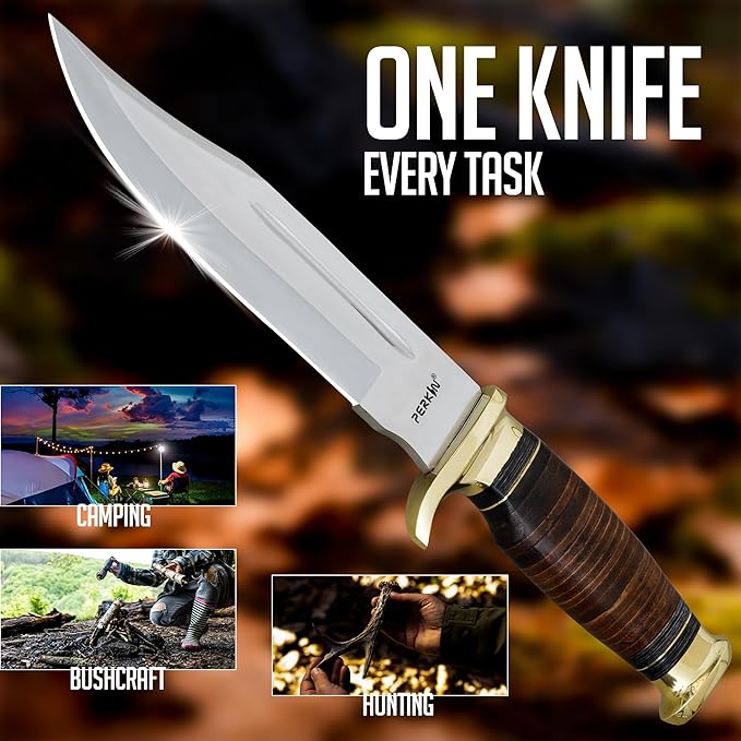 Perkin Personalized Hunting Knife with Free Engraving – Handmade 12.5” Fixed Blade with Leather Handle &amp Sheath Survival Gift for Men - Bowie Knife