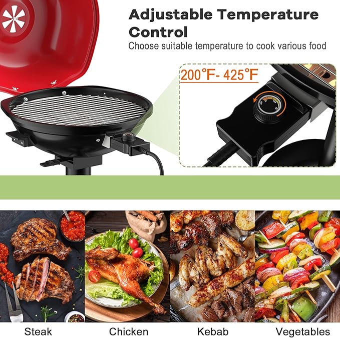 1600W Electric Grill Outdoor 15-Serving Freestanding Camping Grill w/Removable Non-Stick Grilling Rack Oil Drip Tray Temperature Adjustable Portable BBQ Grill for Patio Backyard (Red)